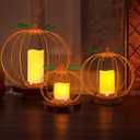 Halloween Metal Pumpkin Candle Holder, 3 Pcs Light up Orange Pumpkin Lantern with LED Flickering Yellow Candle Lights Build in Timer for Thanksgiving Halloween Harvest Fall Home Decor