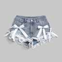 Y2K Lace Trim Shorts Low Waist Bow Ruffle Mini Shorts Coquette Kawaii Denim Look Hot Pants Gothic 2000s Streetwear, Size: M