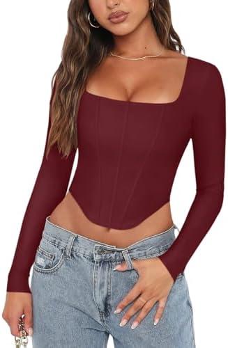 REORIA Womens Sexy Square Neck Long Sleeve Backless Going Out Boned Bustier Corset Crop Tops Large