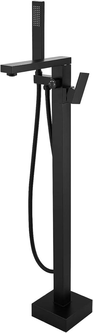 FAHKNS Matte Black Freestanding Bathtub Faucet Bathtub Filler Floor Standing Bathtub Faucet Single Handle Brass Faucet High Flow Shower Faucet with Hand Shower, Rust-proof Surface