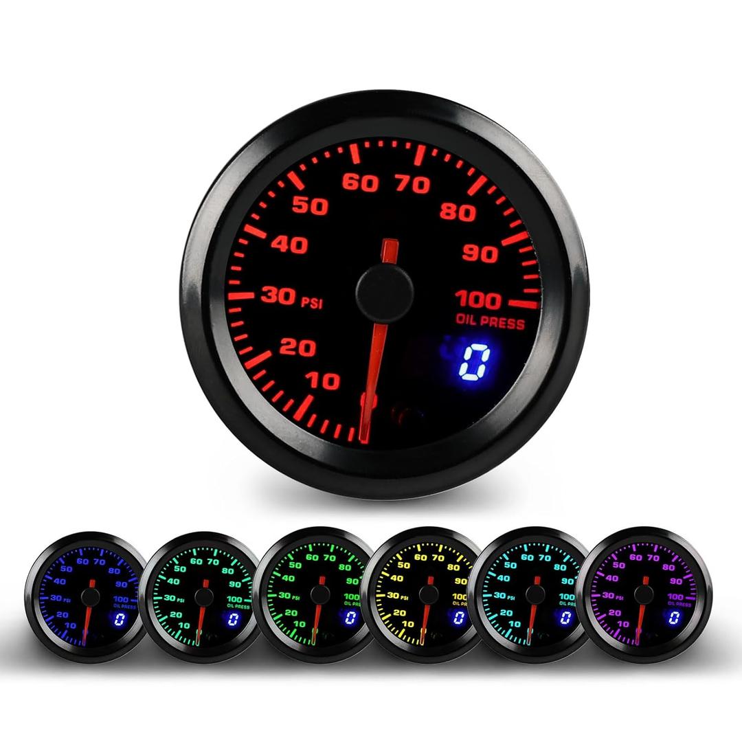 WATERWICH Oil Pressure Gauge Meter Kit 7 Color 0-100 PSI 2-1/16" 52mm for Boat Marine Car Auto Truck