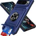 for Google Pixel 9 / Pixel 9 Pro Case with Card Holder 360° Magnetic Rotated Ring Kickstand Dual Layer Shockproof Hidden Card Slot Protective Phone Cover for Google Pixel 9, Blue RJ