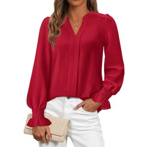 Okiwam Womens Long Sleeve Tops V Neck Shirts Dressy Casual Blouses Business Work Clothes 2026 Fall Fashion Outfits (Large, Red)
