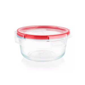 Pyrex Freshlock 4 Cup Round Food Storage Container: Glass Container with Lid, Oven & Microwave Safe, Clear/Red