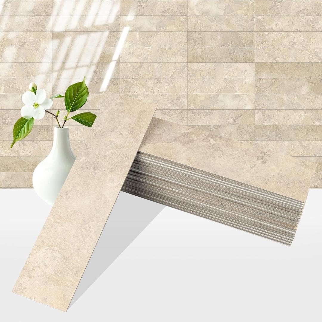 4-Piece Beige Stone Peel and Stick Backsplash Tile, 2"x 8" PVC Subway Tiles, Stick on Backsplash for Kitchen/Bathroom/Fireplace