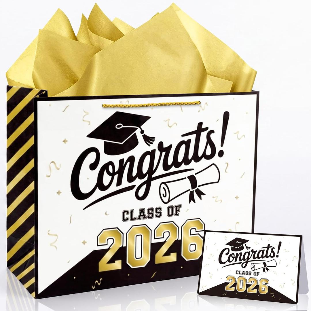 4 x Xustanina 13" Large Graduation Gift Bag, Black and Gold Congrats Tote Bag With Greeting Card, Tissue Paper, Stickers, Class Of 2026 Graduation Theme Party Favors Birthday Supplies