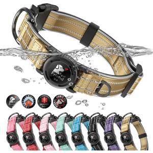 Upgrade Airtag Dog Collar,with IPX8 Waterproof AirTag Holder | Reflective Ultra-Durable | Soft Padded | Lock Buckle | Heavy Duty | Fit Small Medium Large DogsChampagneS(12"15")