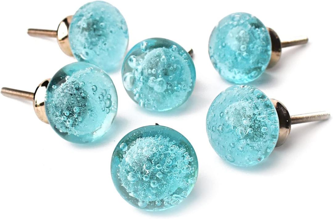 Blue Bubble Glass Knobs for Cabinets Drawers Bubble Glass Dresser Drawer Knob and Pull for Kitchen Cabinets - Set of 6