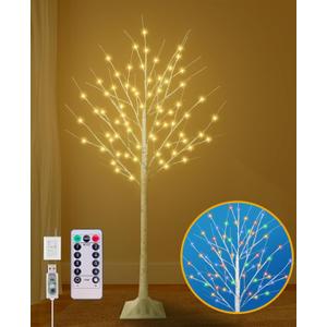 5FT Lighted Birch Tree, Birch Tree with 90 LED Lights, 8 Flash Modes and Timer, Light Up Twig Christmas Tree for Indoor Outdoor Home Party Garden Wedding Decorations (Warm White & Multicolor)