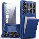 SSLOTSCASE for Samsung Galaxy S25 Ultra Case with 2X Screen Protector, Stand & Credit Card Holder & Sliding Camera Cover, Full-Body Drop Proof Silicone Edge Protective Cover for S25 Ultra, Blue