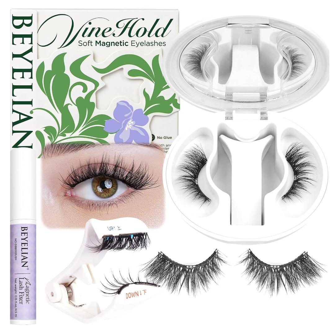 BEYELIAN Magnetic Eyelashes with Applicator Kit All-In-One Box, Upgrade Fuller Soft Magnetic Lashes with Fixer, Reusable, No Glue Needed False Eyelashes HX06 (Lightweight & Comfortable)