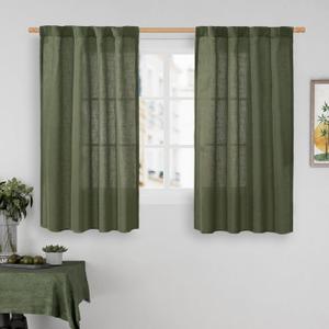 LAMIT 48 Inch Short Window Linen Curtains, Light Filtering Panels Back Tab and Rod Pocket Neutral Christmas Drapes for Cafe/Bathroom/Loft Room, Olive Green, 2 Panels, 34 x 48 Inch
