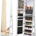 SONGMICS 6 LEDs Lockable Mirror Jewelry Cabinet, 360 Swivel Jewelry Organizer Armoire Standing, Frameless Full-Length Mirror, 3 Storage Shelves, White Surface, Black Lining UJJC007W01