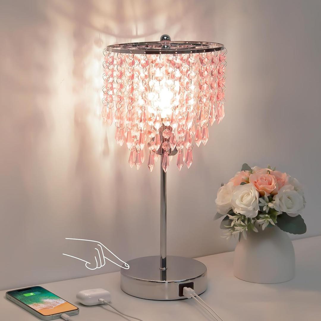 Crystal Touch Control Table Lamp with Dual USB Charging Ports, 3 Way Dimmable Bedside Lamp with Pink Shade, Decorative Nightstand Lamp for Girls Bedroom, Living Room, Office, B11 LED Bulb Included