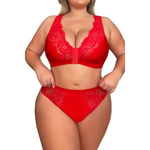 Women's Plus Size 2 Piece Lingerie Set Sexy Sheer Bralatte 3/4 Cup Bra Panty Sets Super Stretchy Lace (XX-Large, Red)