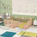 Merax Full Size Wood Floor Bed Frame with Fence and Door (Natural)