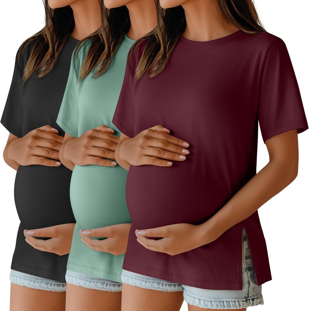 Ficerd 3 Pack Women's Maternity T Shirts, Short Sleeve Side Split Pregnancy Tops Casual Crew Neck Pregnant Tees Mama Clothes (Large, Black, Gray Green, Burgundy)