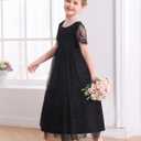 Flower Girl Lace Back V-Neck Dress Full-Length Floral Embroidered Toddler Tutu Tulle Dresses for Girls, 2-3Y