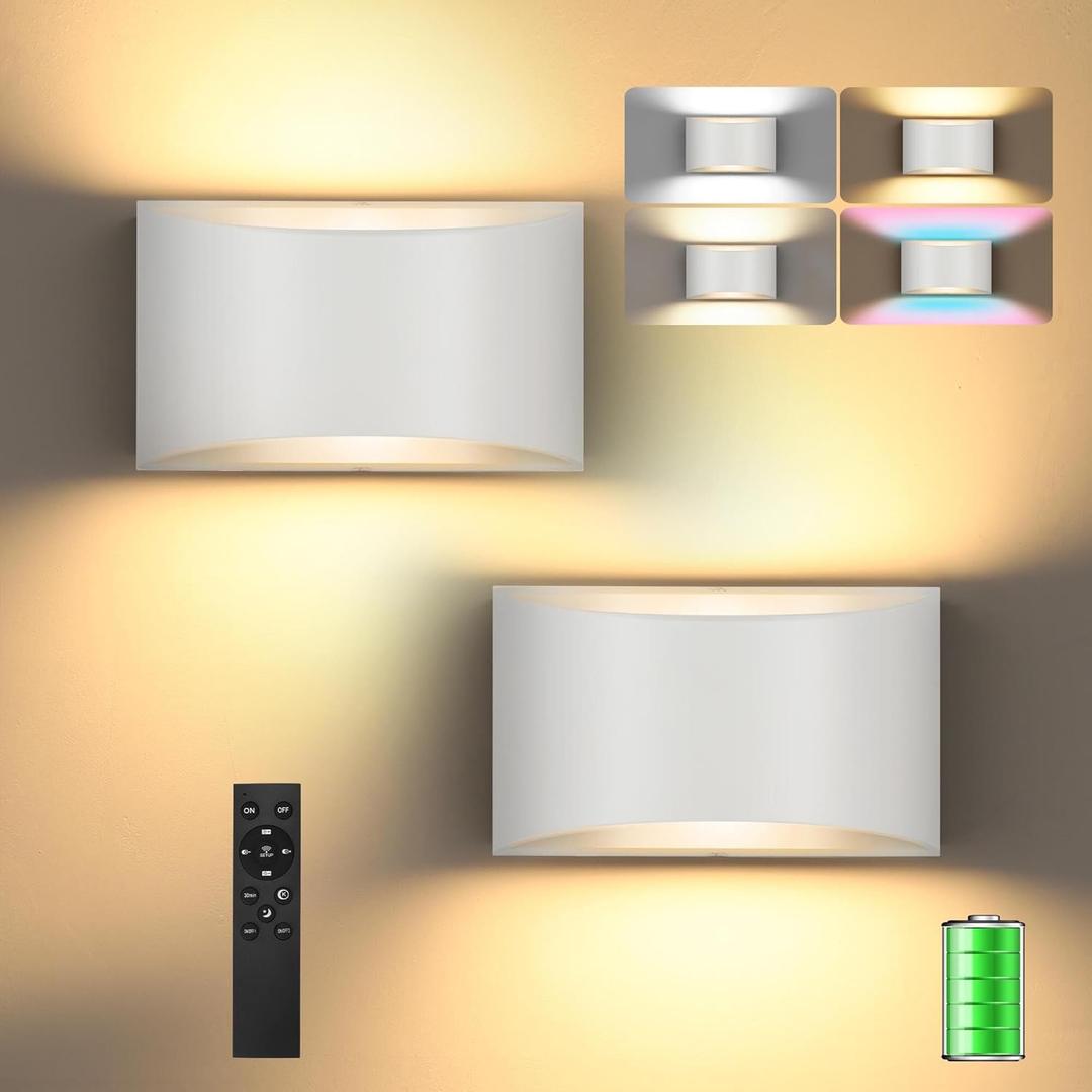 TRLIFE Rechargeable Battery Operated Wall Sconces, Remote Control Dimmable LED Wall Sconce 3000K/4000K/6000K Rechargeable Wall Lights Wall Mounted Light for Bedroom Living Room Hallway(White,2P)