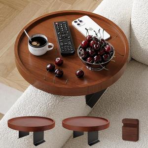 2 Pack Sofa Arm Tray,11.8“ Adjustable Natural Wood Couch Arm Trays Tables with Phone Holder,More Anti-Slip Clip On Chair Table Tray,Round Couch Armrest Cup Holder for Drinks Snack Eating