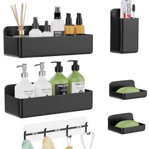 Adhesive Shower Caddy 6 Pack Rustproof Shower Shelves for Inside Shower No Drilling Bathroom Organizers and Storage with Soap Holder Large Rack Clear Black