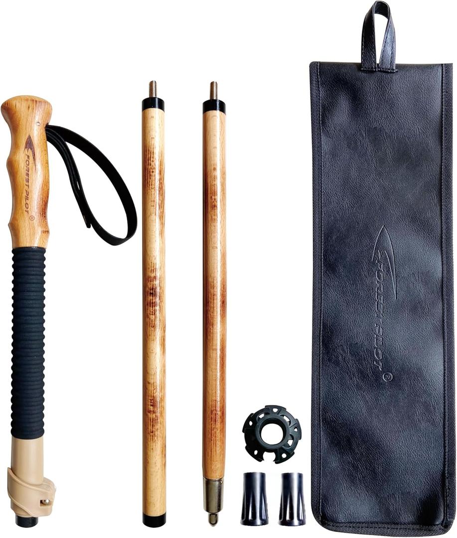 Trekking Poles- 1-pc Pack - Adjustable Hiking or Walking Stick Strong, Natural Beech Wood - Quick Adjust Flip-Lock - Beech Wood Grip, Leather Strap (Black)