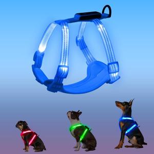 Rechargeable Light Up Dog Harness for Small Dogs Adjustable LED Dog Vest with Reflective Strips, No Pull Glow in The Dark Puppy Harness for Night Walking Safety-Blue