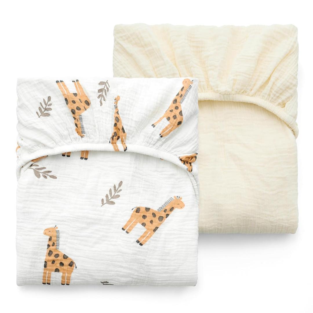 Momcozy Best Wishes Muslin Standard Fitted Crib Sheets, 52"x28", 2 Pack Soft Breathable Natural Cotton Baby Mattress Sheet, 360 Mattress Wrapping Boys Girls Neutral Toddler Bed Sheet, Bravery Giraffe