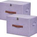 2 Pack Storage Bins with Zipper Lid Cotton Linen Fabric Lidded Storage Baskets Boxes Foldable Washable Closet Shelf Clothes Organizer Container with PU Leather Handles, Purple, Large