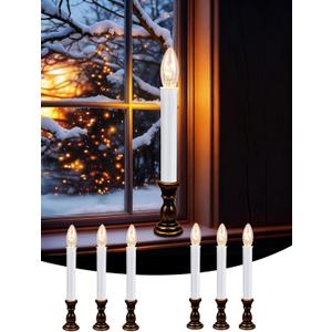 Christmas Window Candle Lights with Timer, 10" Ultra Bright LED Battery Operated Window Candles with Antique Bronze Base (6/18 Hour Timer) for Indoor Table Mantel Party Window Decor-6 Pack
