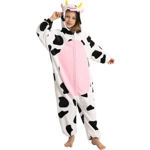 LONULAIN Unisex Kids Animal Oneise Pajamas, Boys Girls Flannel Hooded Halloween Cosplay Costume/Homewear/Sleepwear (3-4T, Cow)