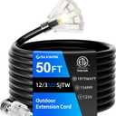 50 FT Outdoor Extension Cord with Multiple Outlets, 12 Gauge Heavy Duty Black Extension Cord Waterproof with 3 Outlet, 3 Prong Power Cord for Garden and Home Use Indicator Light, ETL Listed