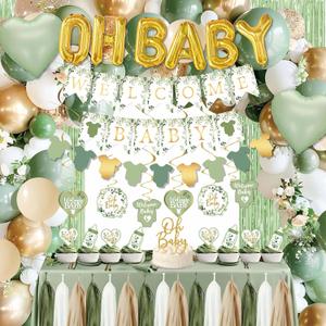 Sage Green Baby Shower Decorations,155 pcs Neutral Baby Shower Decor Supplies, welcome baby banner, Disposable "OH BABY" Balloon Arch, Paper Tassels, tablecloths