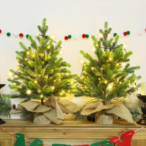 Lulu Home 2 Packs Pre-lit Artificial Mini Christmas Tree, 24 Inch Tabletop Battery Operated Norfolk Pine Tree with 50 LED Light and Burlap Wrap Base for Xmas Spring Decor