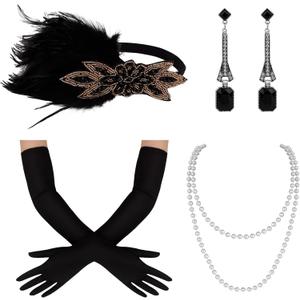 Wecoe 1920s Flapper Accessories Set for Women - 6Pcs Including Vintage Feather Headband, Pearl Necklace, Gloves & Earrings