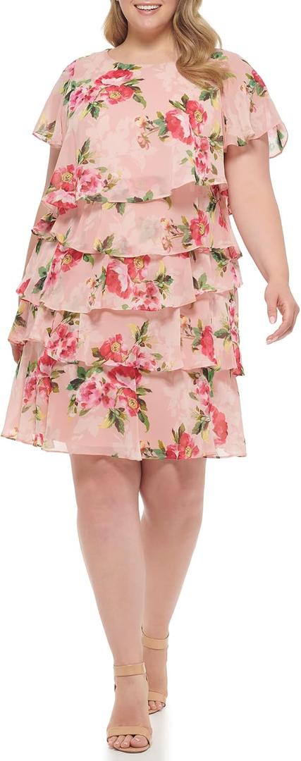 Jessica Howard Women's Petite Style Layered Ruffle Butterfly Sleeve Printed Chiffon, Blush Size 10P