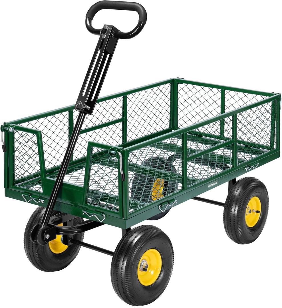 VIVOHOME Garden Cart Steel Heavy Duty 900 LBS Yard and Garden Wagon with 10 inch Tire and Handle Attach to ATV or Tractor Green (900LBS)