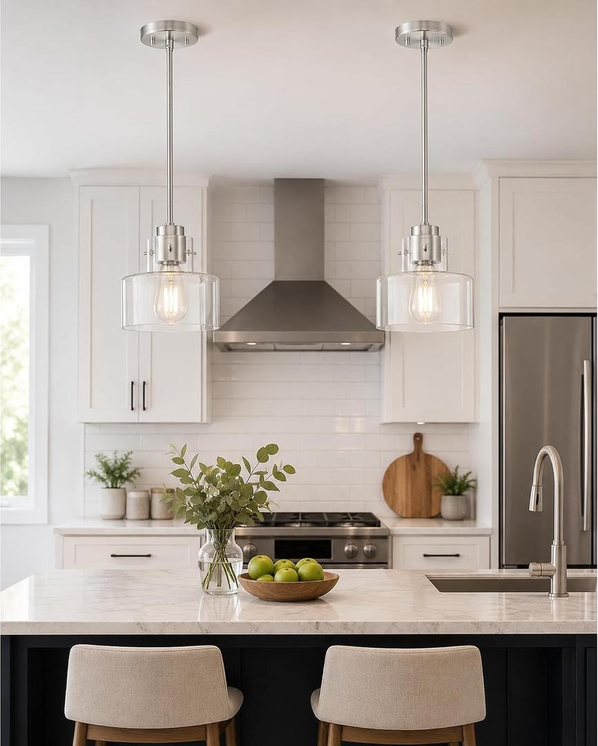 2 Pack Pendant Lights Kitchen Island, 6" Brushed Nickel Pendant Light Fixtures Over Island with Clear Glass Shade, Modern Kitchen Island Lighting for Dining Room Entryway, PL124-BN-G-2PK