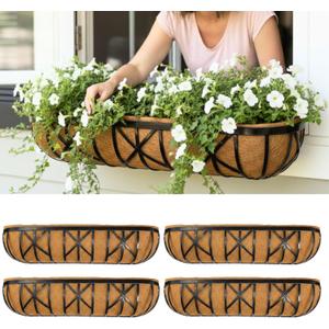 LaLaGreen 36 Inch, 4 Pack Window Boxes Planters – Large Black Metal Window Boxes for Outdoor Plant, Wall Mount Flower Pot with Coco Liner, Attach to House Fence Balcony Herb for Patio Porch Garden