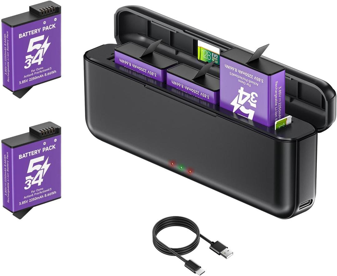 2 Pack 2250mAh Long Lasting Extreme Batteries with 3-Slot Fast Charger Hub for DJI OSMO Action 6/Action 5 Pro/Action 4/Action 3/OSMO 360 Action Camera