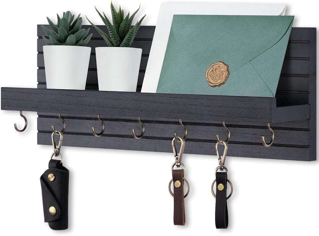 Lwenki Decorative Key Holder for Wall with Shelf, Entryway Shelf with Hooks Holds Leashes, Jackets and Glasses Sturdy Wood Keyholder Entrance Hanger with Mounting Hardware (Black, Large)