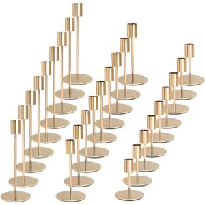 Gold Candlestick Holders - Bulk Decorative Metal Candelabra - Fits 0.8 Inch Diameter Taper Candles - Gold Taper Candle Stands for Wedding, Home, Party Table Decor (Set of 27)