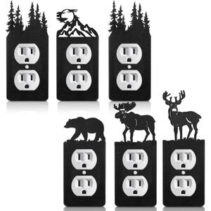 6 Pcs Metal Bear Light Switch Cover Plate Moose Tree Mountain Elk Forest Outlet Plate Toggle Outlet Wall Cover for Home (Single Flats)