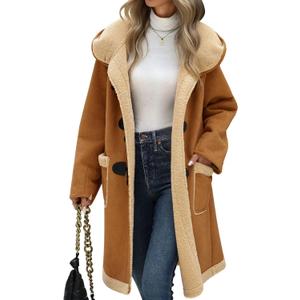 Women's Faux Suede Coat Sherpa Fleece Lined Oversize Duffle Coat Winter Mid-Length Hooded Toggle Jacket with Pockets (Large, Dark Khaki)