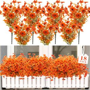 18 Bundles Artificial Flowers for Outdoors UV Resistant Fake Flowers Realistic Faux Flowers Artificial Plants Outdoor for Fall Indoor Garden Patio Window Box Kitchen Home Autumn Decor (Orange)
