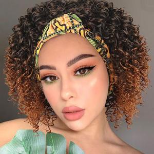 Aisaide Afro Kinky Curly Wig Headband Wigs for Black Women,Short Ombre Brown Wig with Headband Attached Natural Full Afro Wig HeadWrap 2 in 1 Synthetic