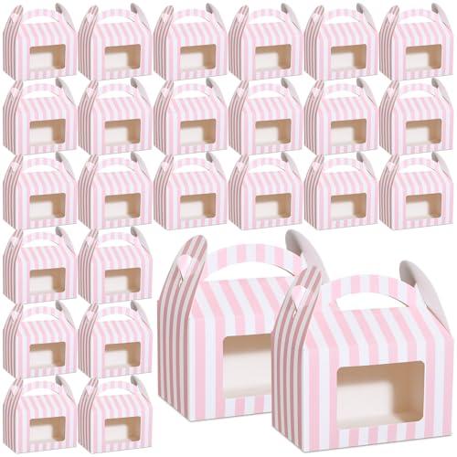 Mooliwe 50 Pcs 4 x 2.5 x 2.5 Inch Pink and White Striped Gable Boxes for Valentines Party Favors Bulk Pink Small Paper Treat Goodie Gifts Box with Clear Window Handle for Baby Shower Birthday Wedding