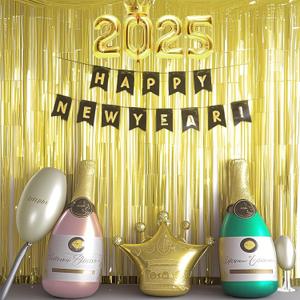 Black Gold 2025 NewYearsEve Party Decoration 2Pcs Gold Tinsel Curtain 2025Ballon HappyNewYear Banner 5PCS Champagne Bottle Glass Golden Crown Balloon Party Supplies 2025