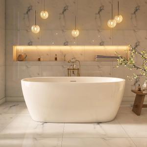 59" Acrylic Freestanding Bathtub, Tap Deck Bathtub, Stand Alone Tub, Soaking Tub with Integrated Overflow and Drain, cUPC Certified (59"(Lustre White))