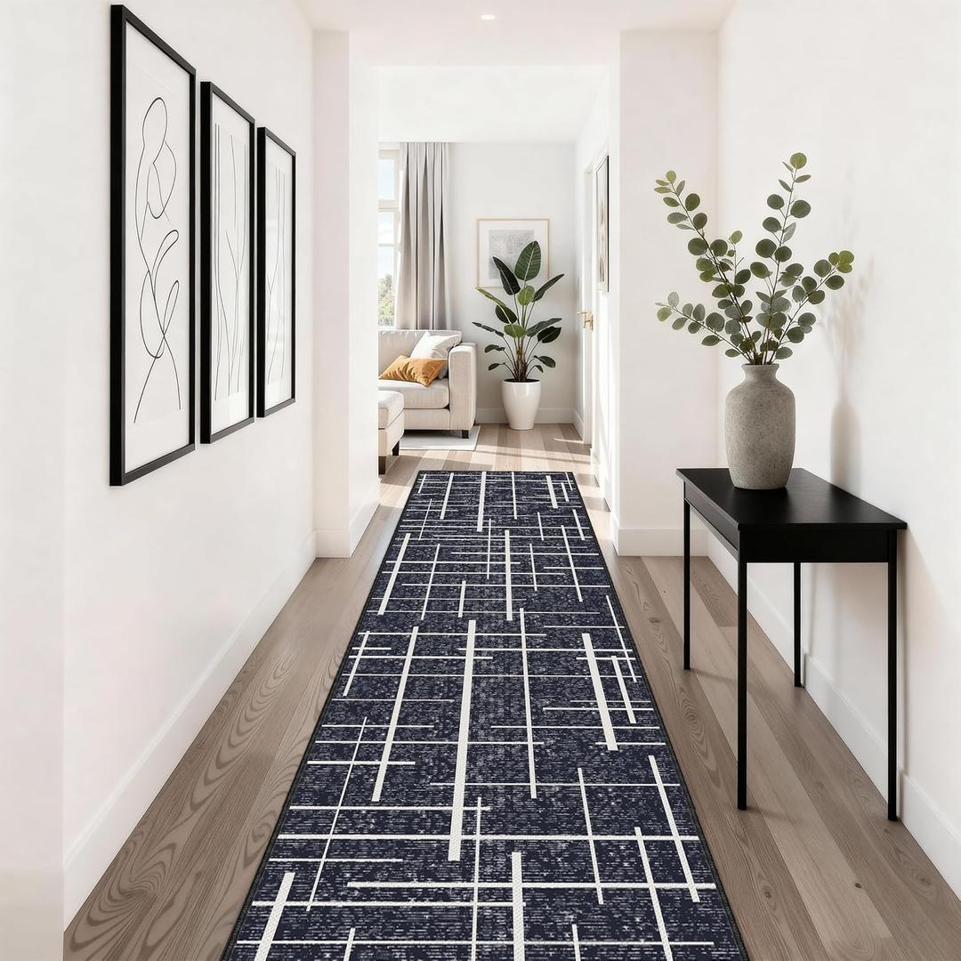 Modern Stripe Hallway Runner Rug Non Slip, Washable 2x10 Runner Rug, Woven Thin Low Pile Carpet Runners for Hallway 10ft Entryway, Kitchen, Walkway -Midnight Black